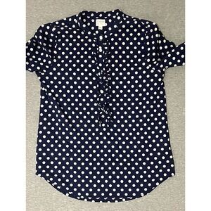 Vintage J. Crew Blouse Ruffle-Front Top button Women's XS polkadot Navy cotton